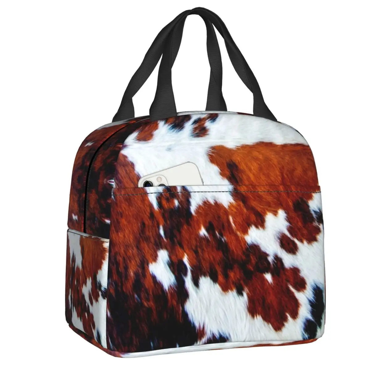 Faux Fur Cowhide Leather Insulated Lunch Bag for Women Animal Hide Fur Texture Thermal Cooler Lunch Box Kids School Children