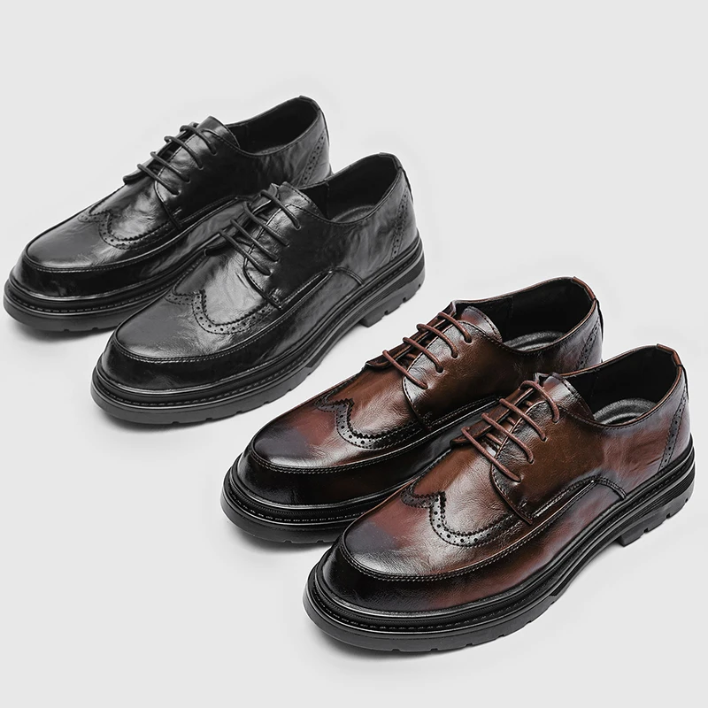Retro Men Brogues Black-brown Color Casual Lace-up Thick-soled Durable Business Office Commuting Shoes Outdoor Work Shoes Men