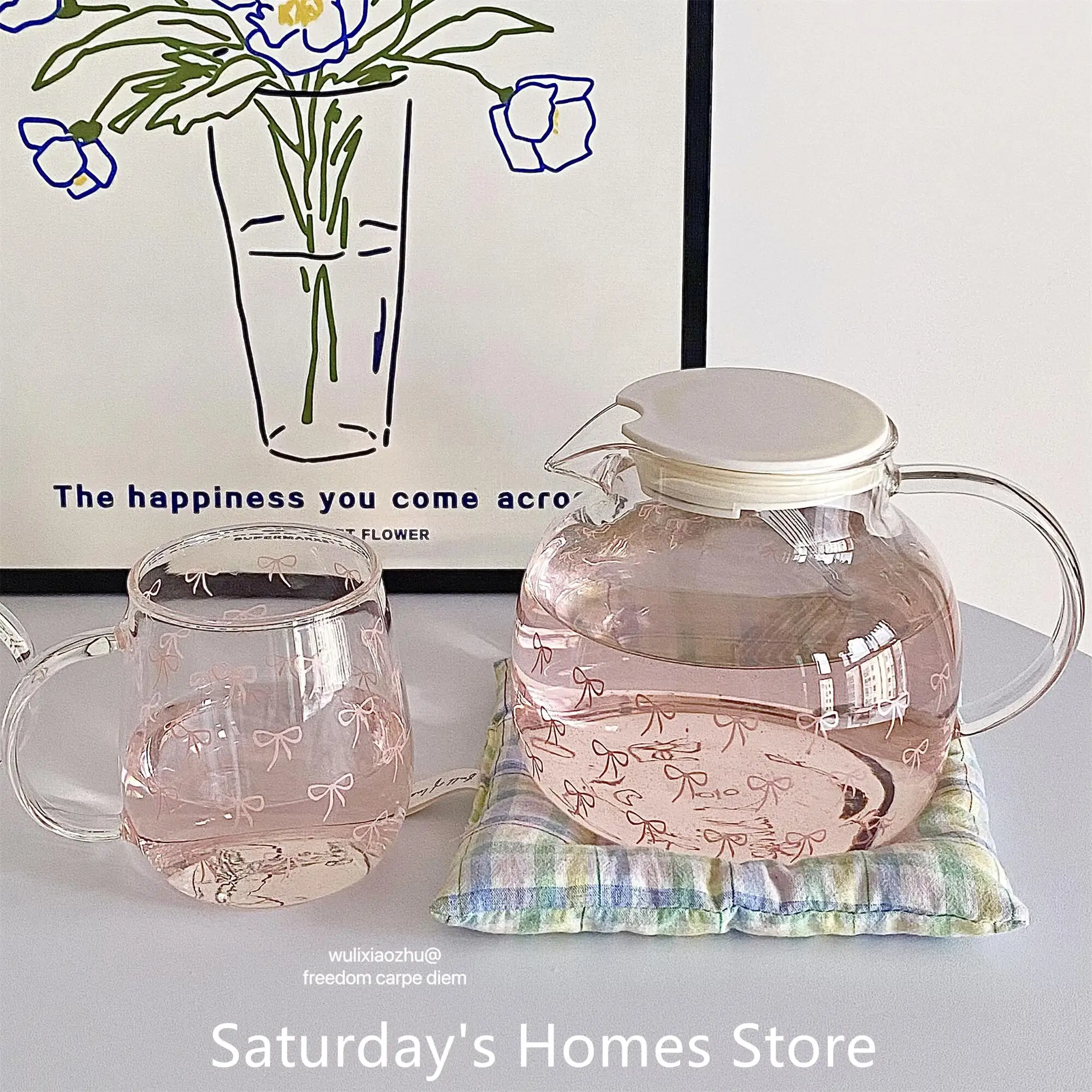 Bow  Patter  Water Glass Bottle Teapot Glass Cup with Bow Handle  Heat Resistant Glass Lover Tea Sets Kettle Water Cup Bottle
