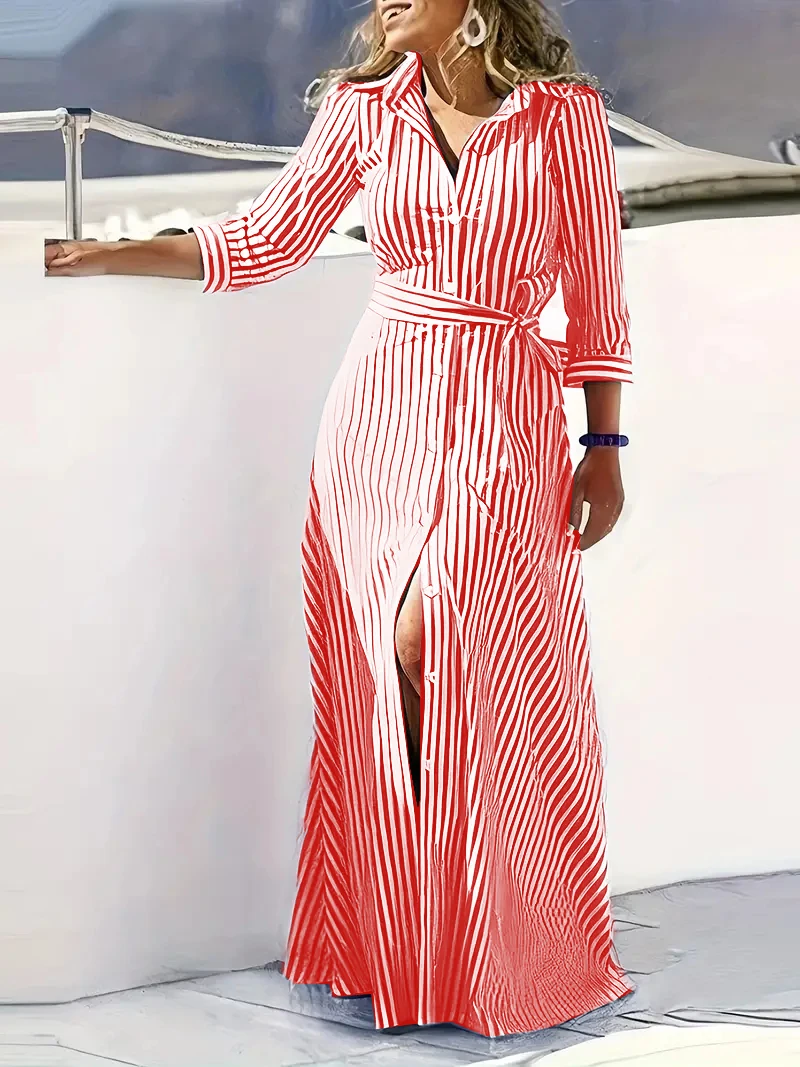 Women Button Front Shirt Maxi Dress Striped Print 3/4 Sleeve Self Tie Waist Split Hem Beach Long Dress