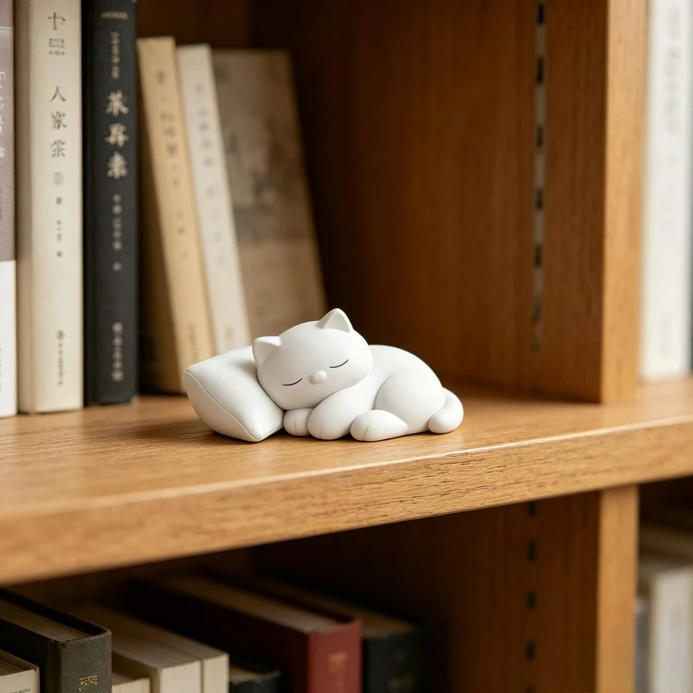 Sleeping Chubby White Cat Figurine With Mini Pillow 3D Printed Cute Lazy Kitty Statue Aesthetic Desk Bedroom Tabletop Decor Gift
