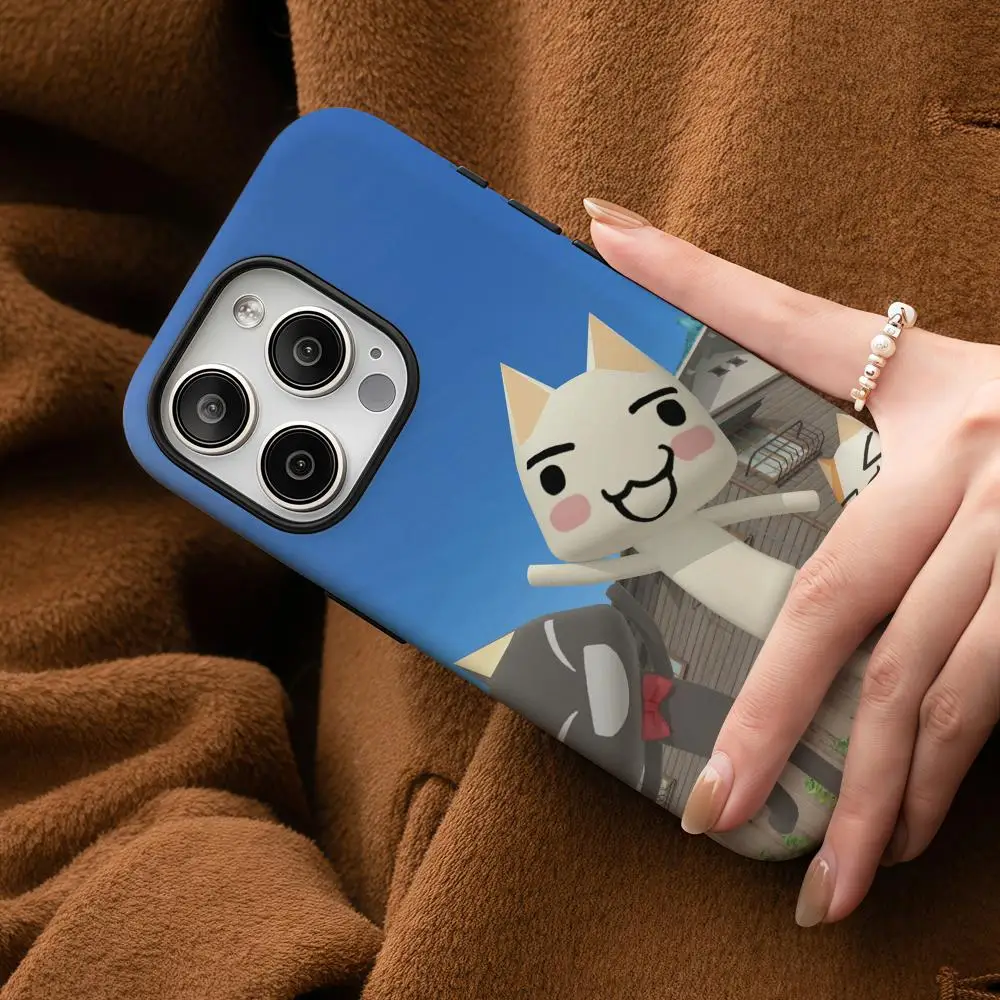 Kawaii Toro Inoue Cat Phone Case For iPhone 16 15 14 13 12 11 Pro Max Plus Glossy HD Double-Layer Liquid Back Film Hard Shell