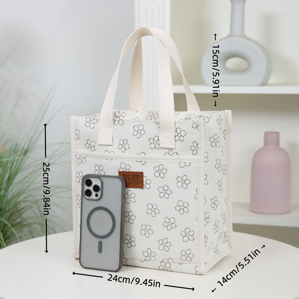 DLIU, New Style, Corduroy Material, Tote Bag, Lunch Bag, Lunch Box Storage Bag, Lined with Aluminum Foil, Versatile for Commutin