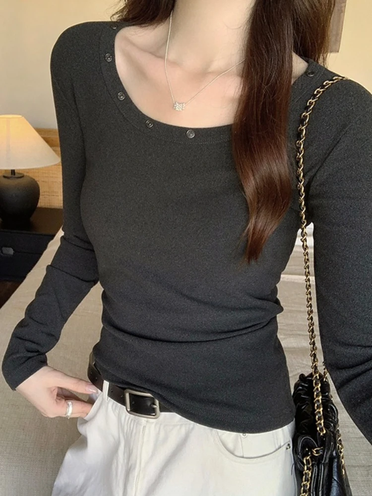 Korean Pure Desire Low Neck Base Tee 2026 Autumn Winter Fashion Simple Slim Long Sleeve Women T-shirt Casual Versatile Slim Tops