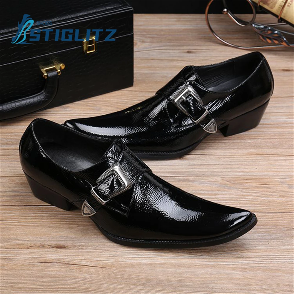 Plain Black Buckle Chelseas High Quality Genuine Leather Loafers Pointed Toe Fashion Show Shoes Men's Formal Casual Shoes New