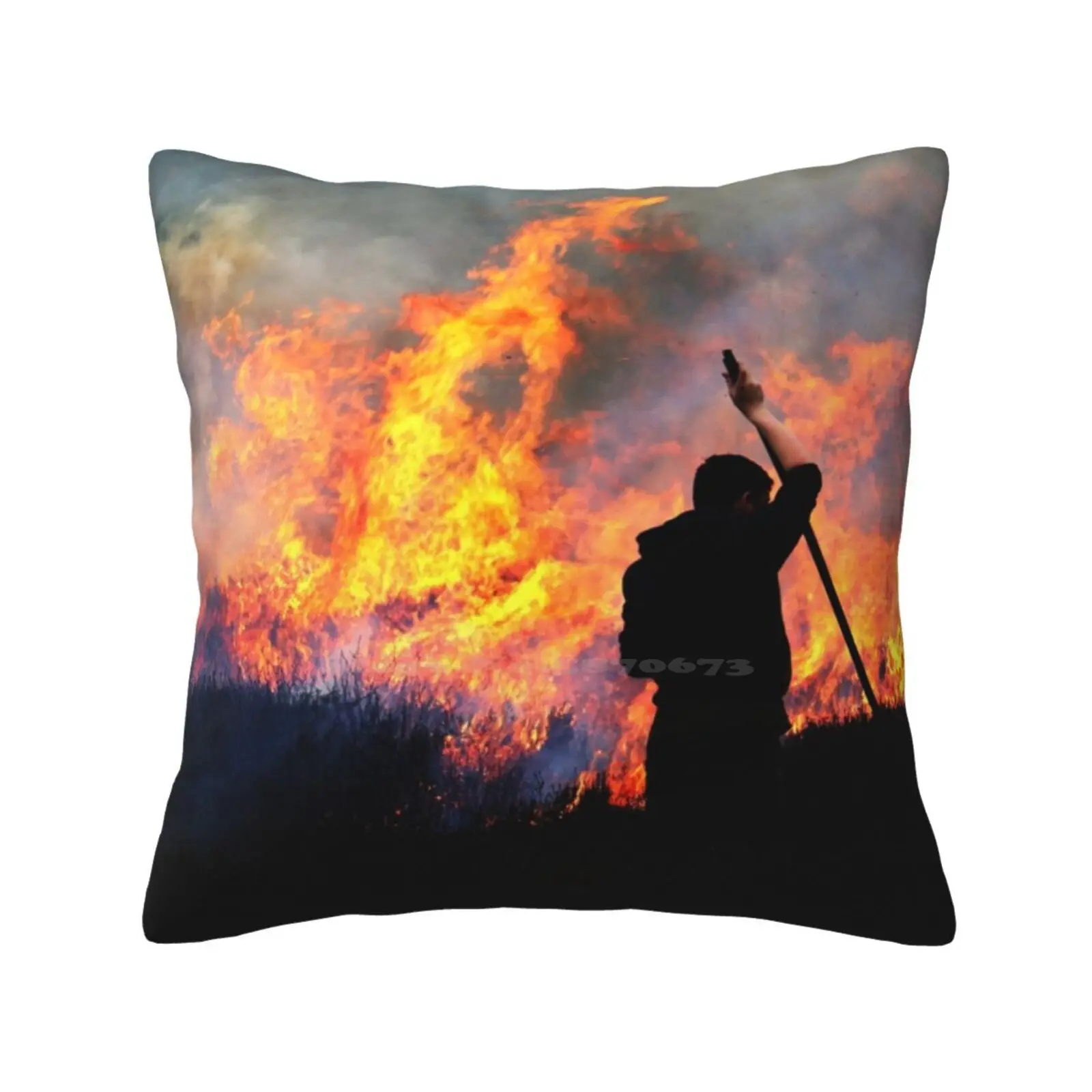 Heather Burning-Yorkshire Dales Throw Cushion Pillow Cover Yorkshire Dales Landscape Farming Fire Orange Flame Silhouette