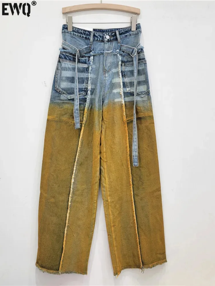 

[EWQ] Streetwear Y2k Jeans Do Old Longs Denim Trousers All-match Wide-leg Pants 2024 Autumn Gradient Color Women Clothing GZ73