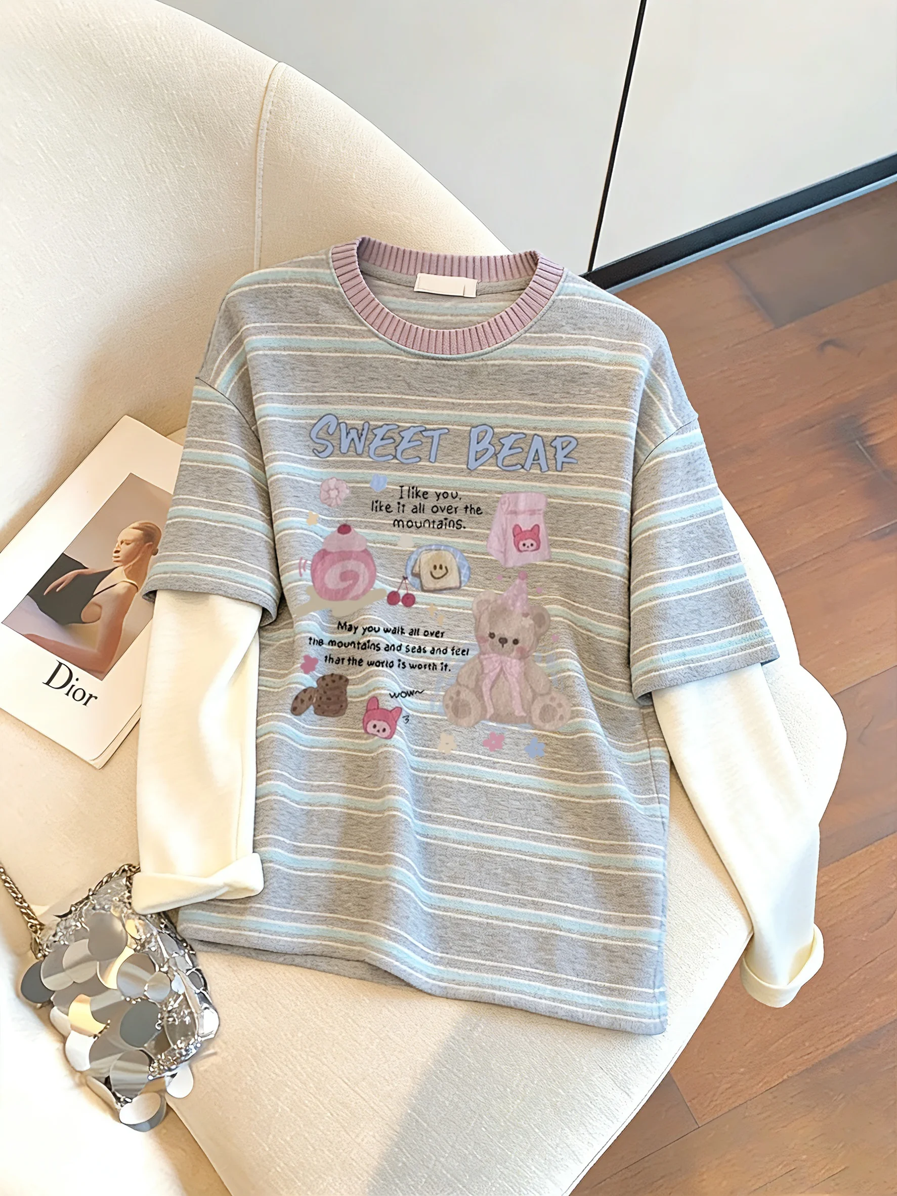 

Unique Fun Print Splice Long Sleeve T-Shirt Men Women Spring Autumn Korean Lazy Style Slimming Top Casual Creative Loose Fit