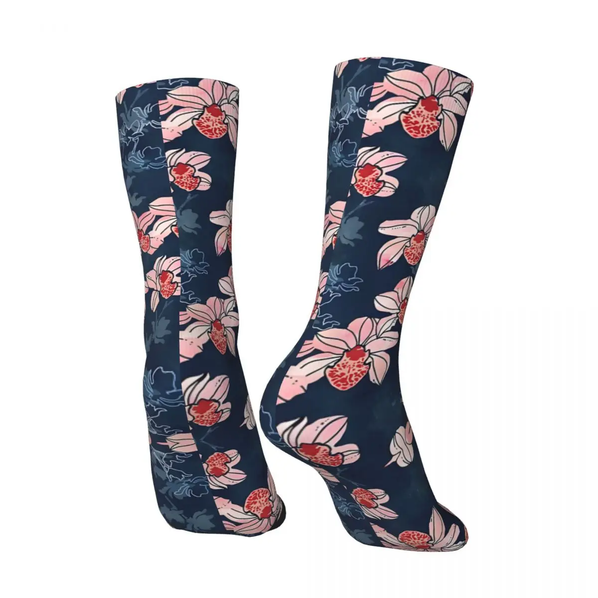 Crazy compression Orchid Garden In Peach On Navy Blue Sock for Men Vintage Quality Pattern Crew Sock Novelty