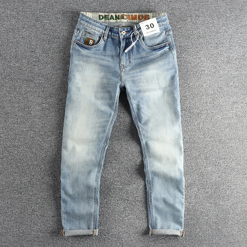 

Vintage American Casual Stretch Denim Jeans for Men Spring White Distressed Washed Slim Fit Straight Pants 24SS Y2k Youth Male