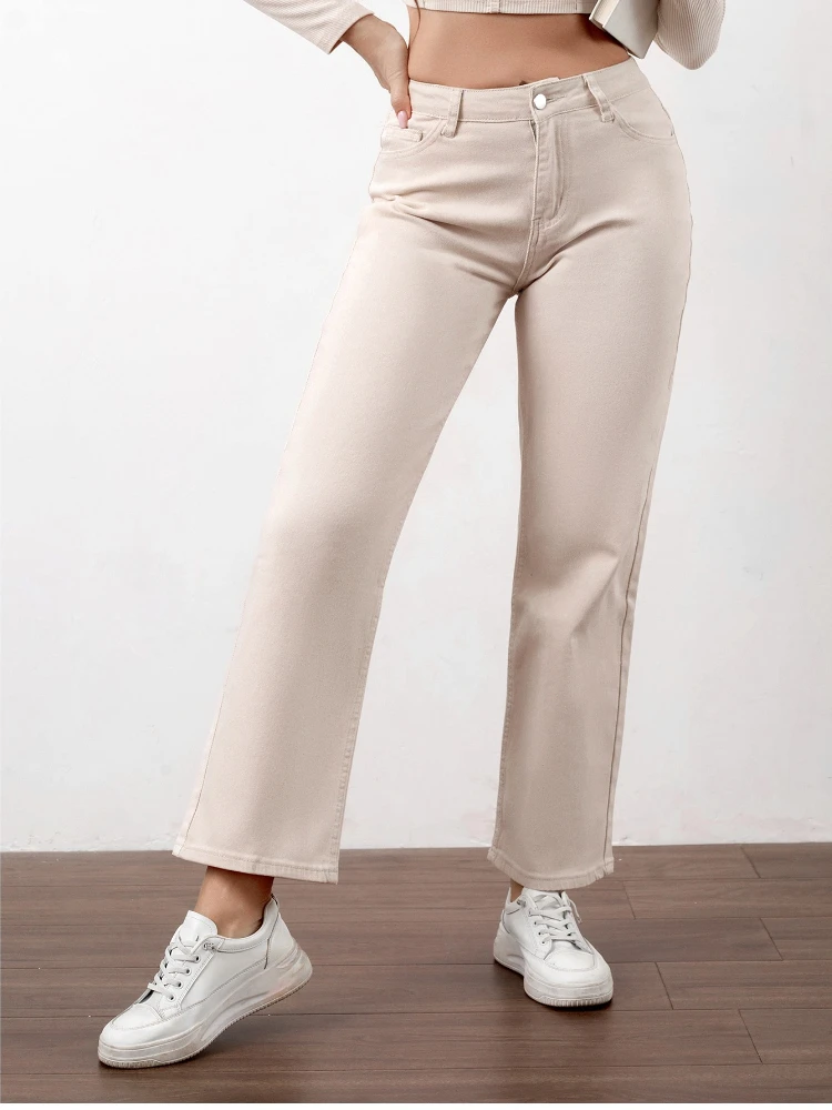 Women Beige High Waist Straight Leg Jeans Solid Color Casual Trendy Cotton Denim Pants Stretch Spring Streetwear Daily Trousers