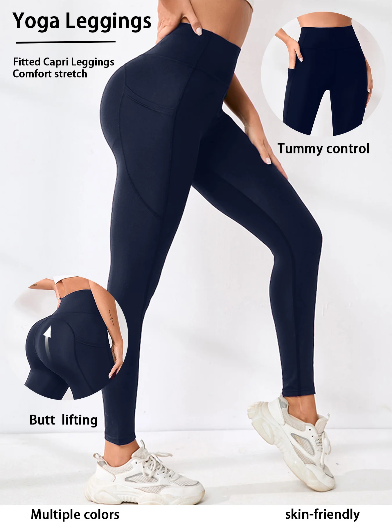 

Solid-color High-waisted Yoga Pants With Side Pockets Quick drying Comfortable Gym Fitness Spoetswear For Women Female