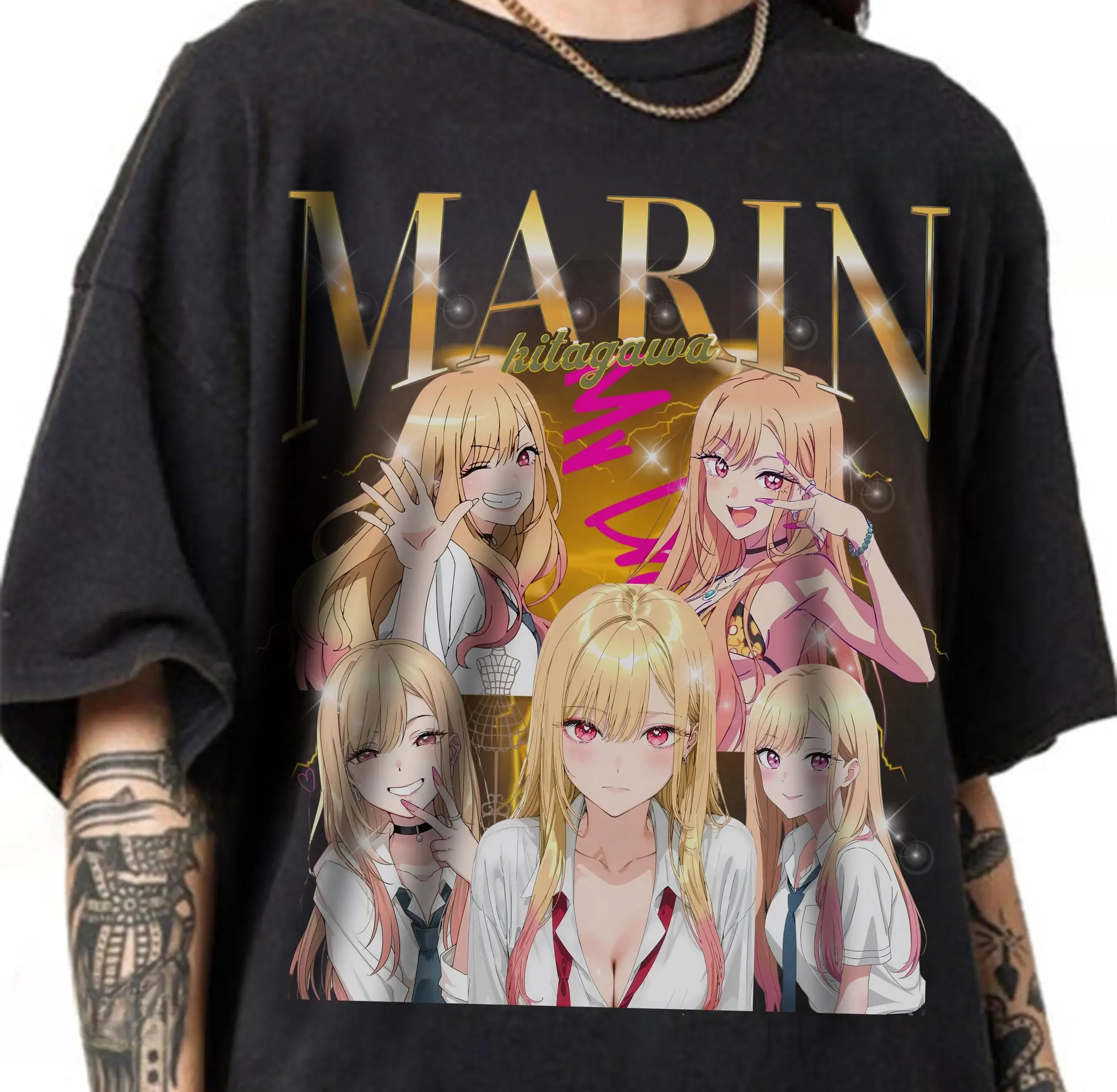 Camiseta Anime My Dress-Up Darling Marin Kitagawa para Homens e Mulheres, Moda de Verão em Algodão, Estilo Bootleg, Gola Redonda, Manga Curta