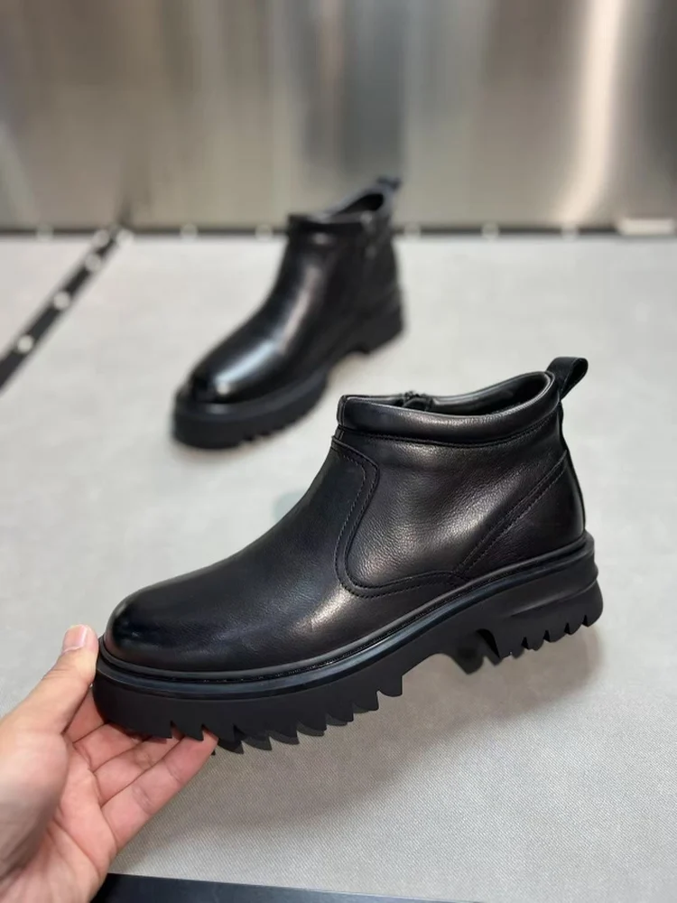 

High Quali Casual Leather Men's oes Comfortable Faionable All-Match Sli Youth Trend round Toe mid Heel Rubber Sole