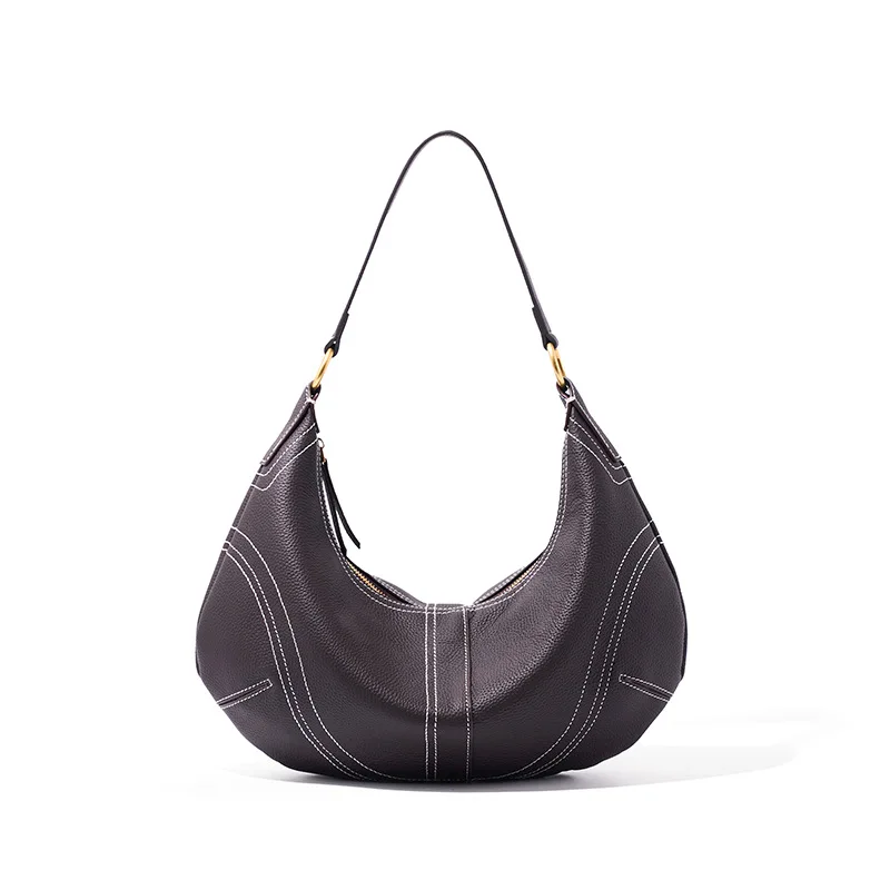 

Trendy Top Layer Cowhide Half Moon Women Single Shoulder Bag Casual Lazy Style Underarm Bag Street Style Spring Female Handbags