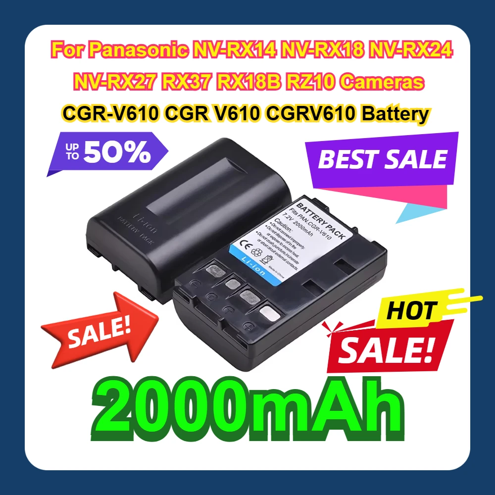 For Panasonic NV-RX14 NV-RX18 NV-RX24 NV-RX27 RX37 RX18B RZ10 Cameras CGR-V610 CGR V610 CGRV610 Battery 2000mAh