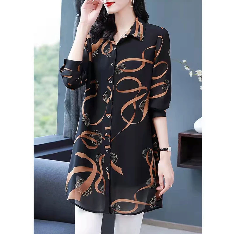 Women\'s Korean Fashion Print Oversized Button Up Shirt Vintage Elegant Lapel Long Sleeve Blouse Spring Autumn Casual Tunic Tops