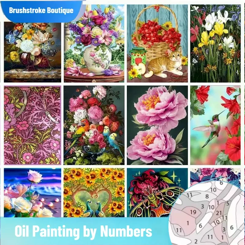 Pintura sin marco de pincelada por números para adultos, cesta de frutas y flores, pintura de regalo personalizada pintada a mano con números para