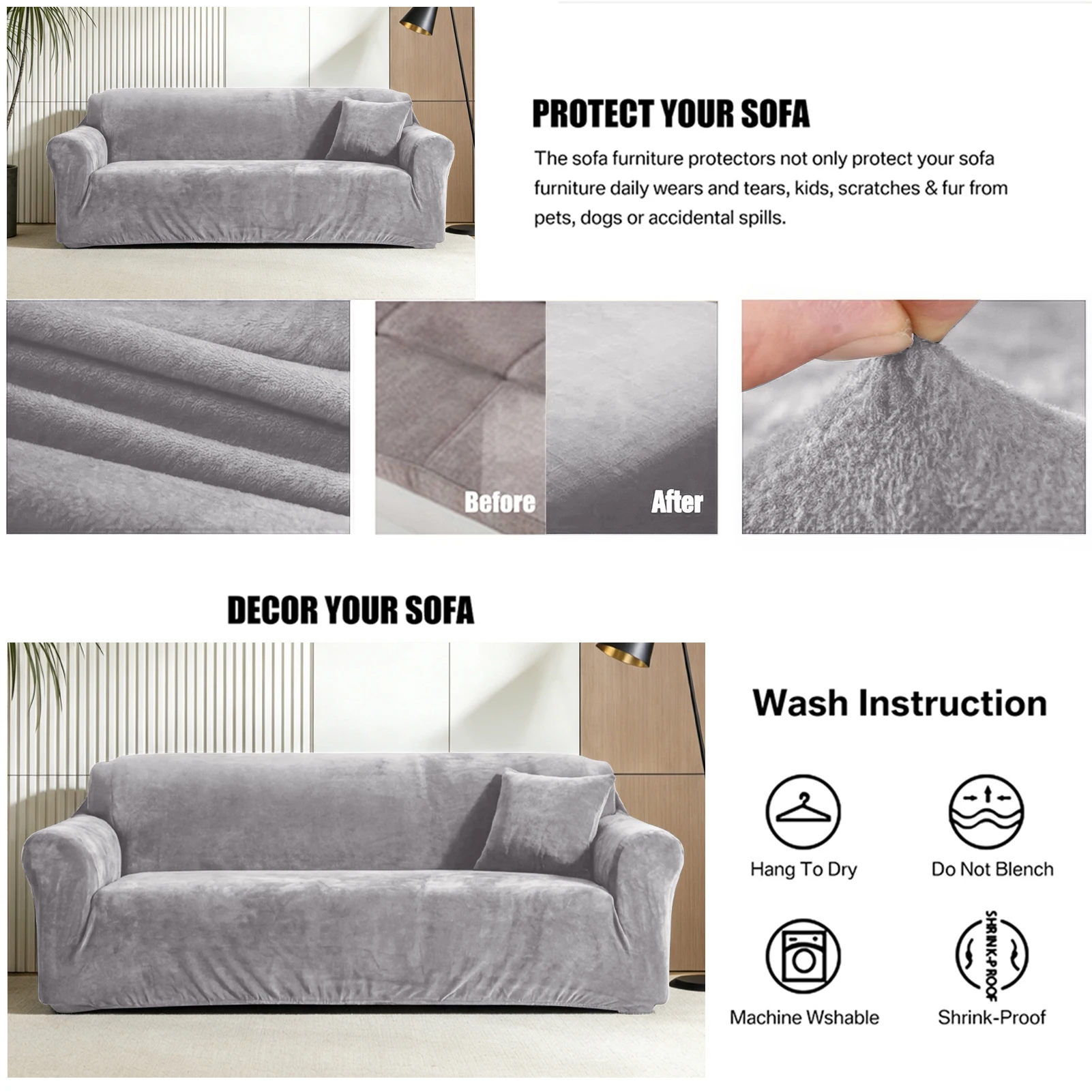 Stretch Velvet Sofa Covers for 1/2/3/4 Seater Couch Covers 3D Armrest Plush Sofa Slipcover for Living Room Furniture Protector