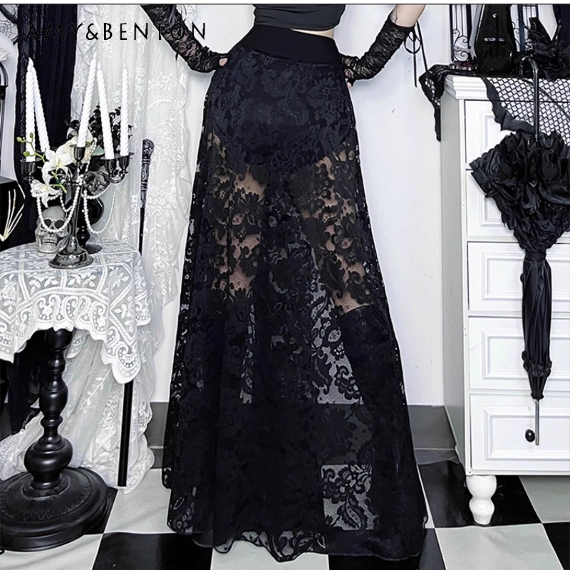 

Хэллоуин Темный дизайн Черная сексуальная кружевная ажурная женская юбка 232 Осень Новый панк Сладкая крутая горячая девушка Длинные юбки с разрезом Женские