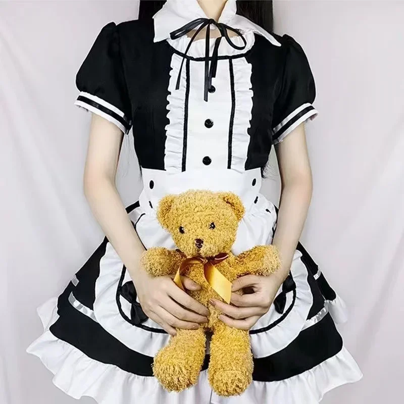 2022 sexy lingerie Lolita maid cosplay costume women headwear apron fake collar bowknot black dress Halloween party outfit }