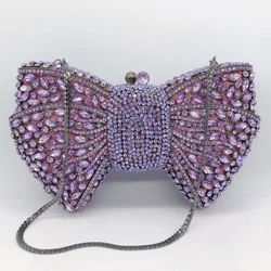 Light Purple Bow Rhinestone Evening Bag Hard Metal Crystal Wedding Handbags Bridal Party Cluches Diamond Women Cocktail Purses