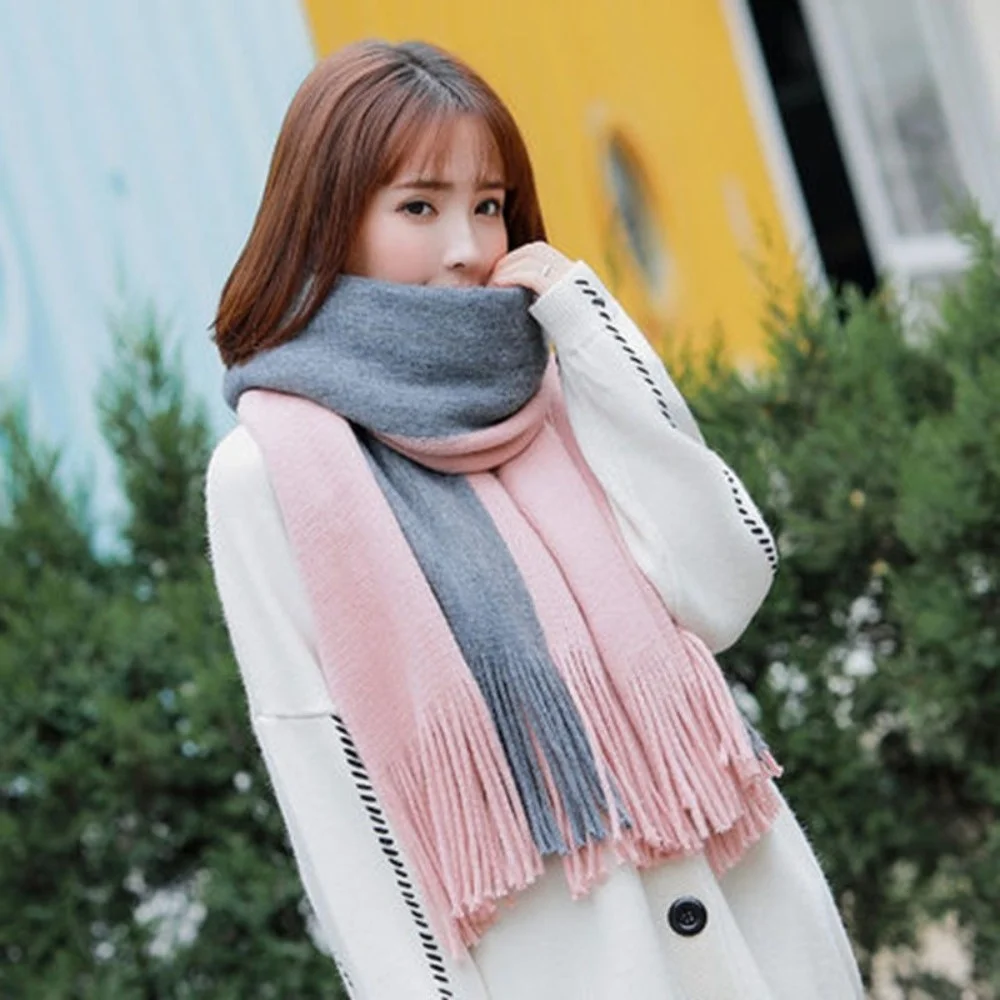 

Korean Style Women Cashmere Scarf Thickened Splicing Color Long Wool Tassel Scarf Soft Windproof Winter Neckerchief Women/Male