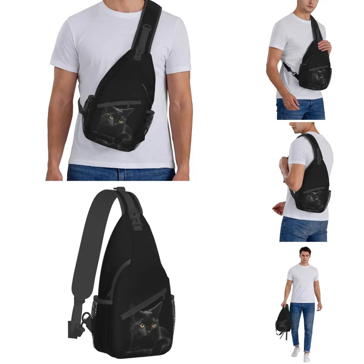 Schwarze Katze Schulter tasche Brust Cross body Schulter gurt Rucksack Outdoor Sport Tages rucksäcke Kawaii Haustier bedruckte Packung