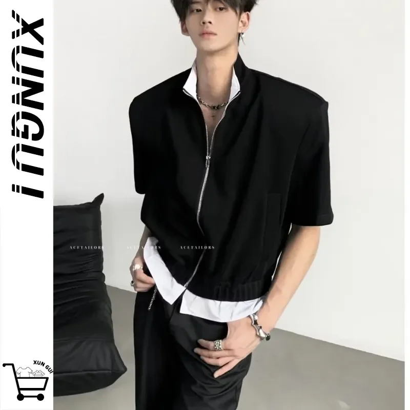 New Stand-up Collar Fake Two-piece Design Shoulder Pad Short-sleeved Jacket Men's Summer Short T-shirt
