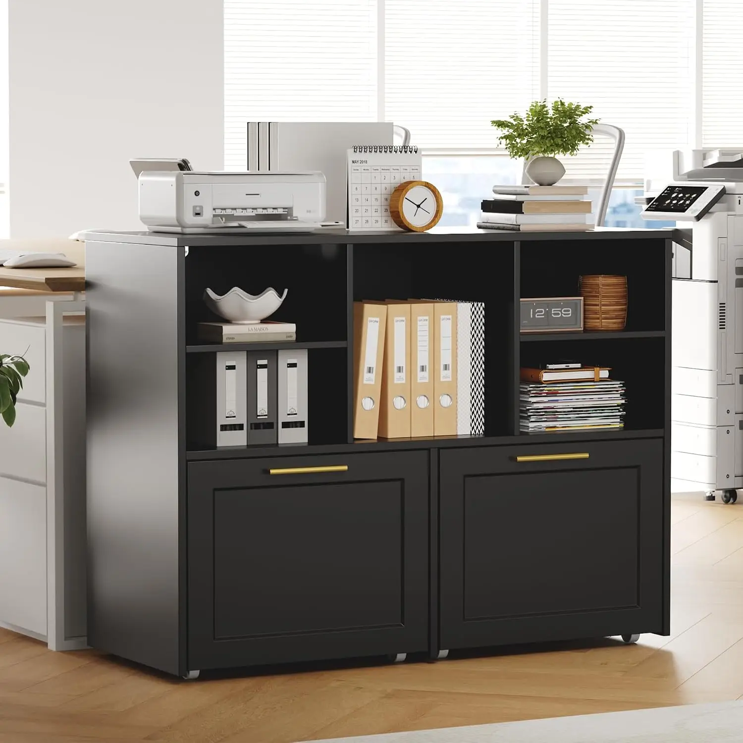 2-Drawer Lateral File Cabinet with Open Storage, Office Cabinet Fits Letter/A4, Printer Stand Home Office, Black, Customized