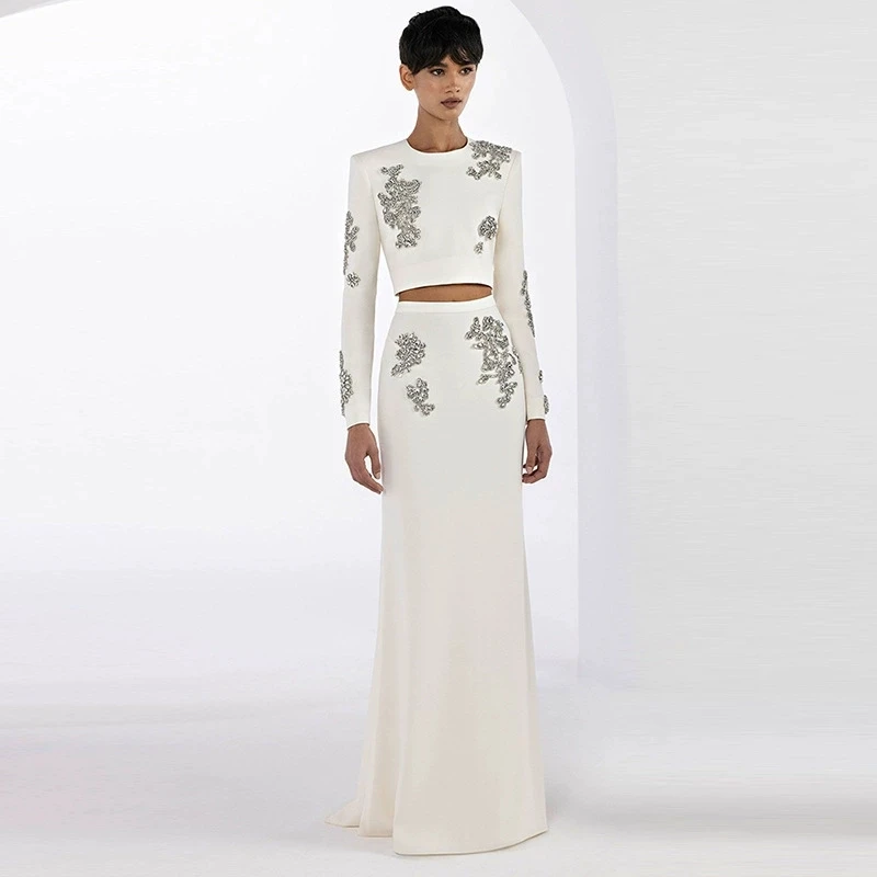 

New Fashion Heavy Industry Nail Bead Inlaid Diamond Short Round Neck Long Sleeve Top+Long Half Skirt Set Two Piece Set