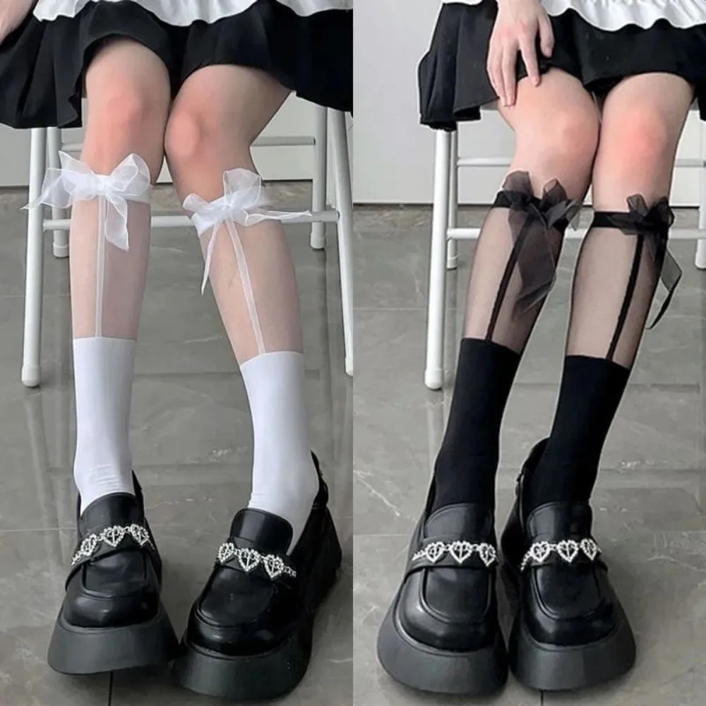 

Kawaii Transparent Calf Socks Bowknot Lolita JK Knee Sock Mid Tube Socks Girls Slim Stockings