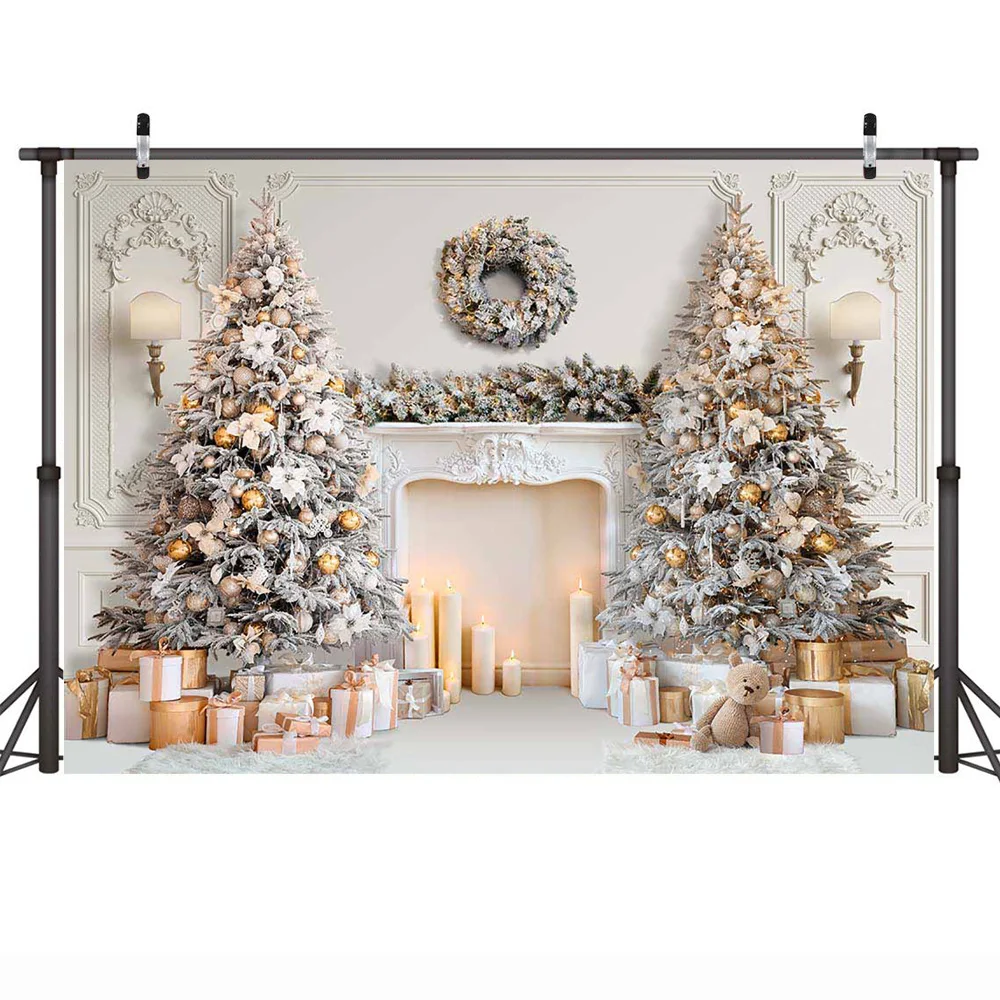 داخلي الأبيض الموقد خلفية فوتودعوة أشجار عيد الميلاد هدايا اللعب شمعة إكليل خلفية الكلاسيكية عيد الميلاد الشتاء خلفية الدعامة