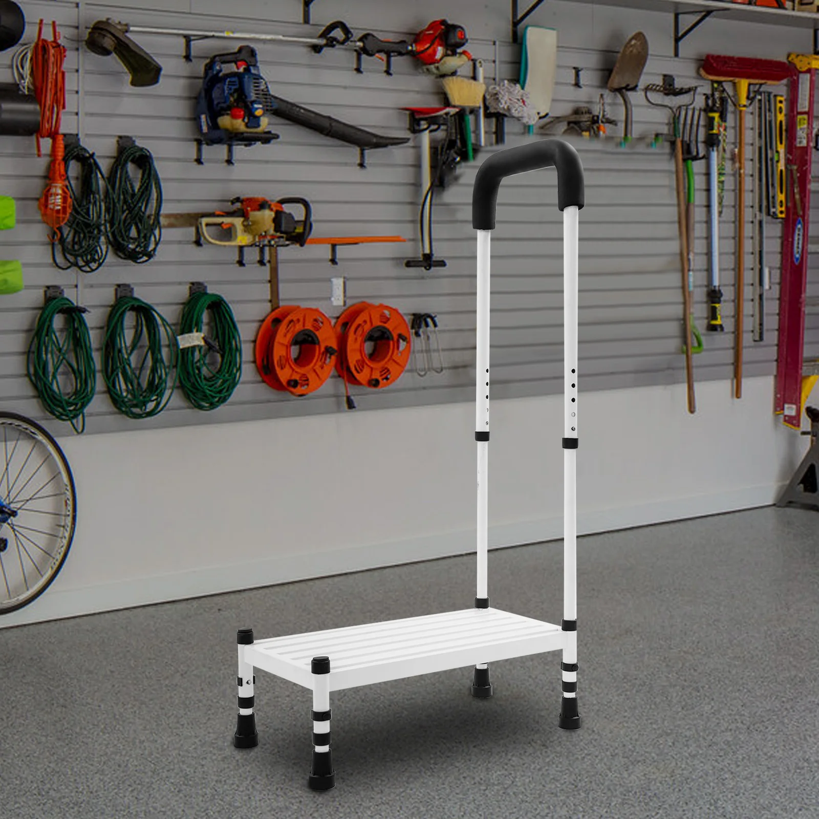 

Shock-Absorbing Step Ladder, Wide Platform Step Stool with Handrail Non-Slip Grooves for High-Reach Tasks Mobility Support