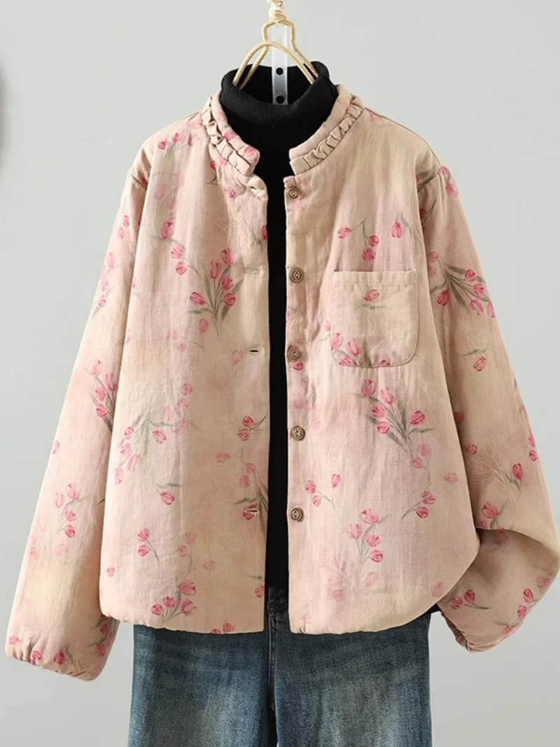 

Осенне-зимняя свободная теплая хлопковая куртка с принтом в стиле ретро на пуговицах, модное повседневное стеганое пальто 2025, топ W930