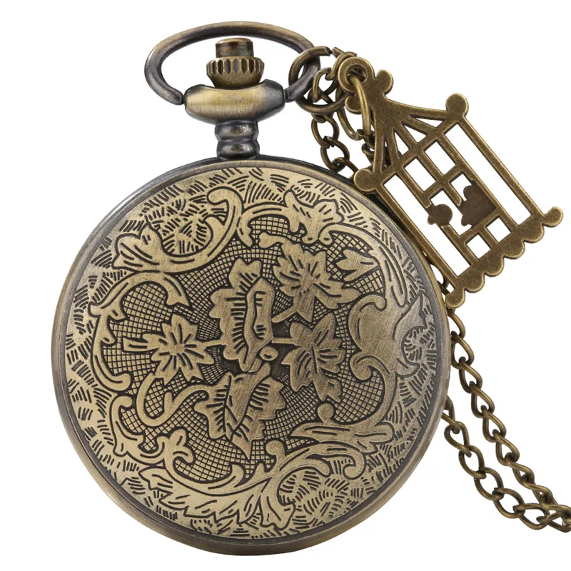 Bronzo Hollow-Out Crane Design uomo donna orologio da tasca movimento al quarzo con gabbia pendente mezzo cacciatore orologio con catena regalo