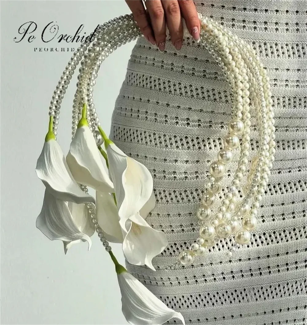 PEORCHID Elegant White Pearls Bridal Hoop Bouquet Handmade Blumenstrauß Wedding Silk Flowers Calla Lilly Bridal Ring Bouquet