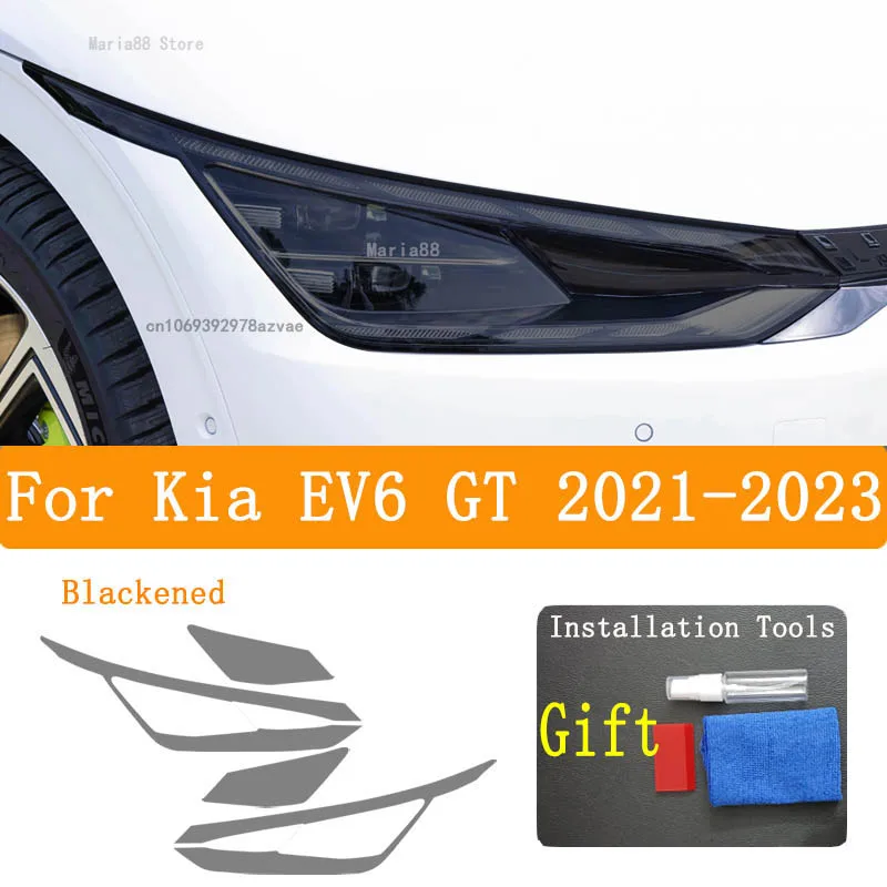 For Kia EV6 GT 2021-2023 Accessories 2 Pcs Car Headlight Protective Film Headlamp Restoration Transparent Black TPU Sticker