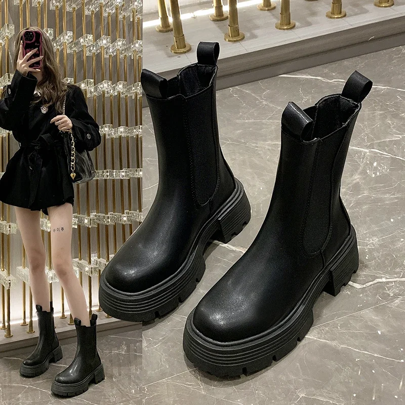 Fashion Mid Calf Boots Winter Autumn Slip on Warm Shoes for Women Shoes Hoof High Heels Leather Solid Modern Boots Zapatos Mujer