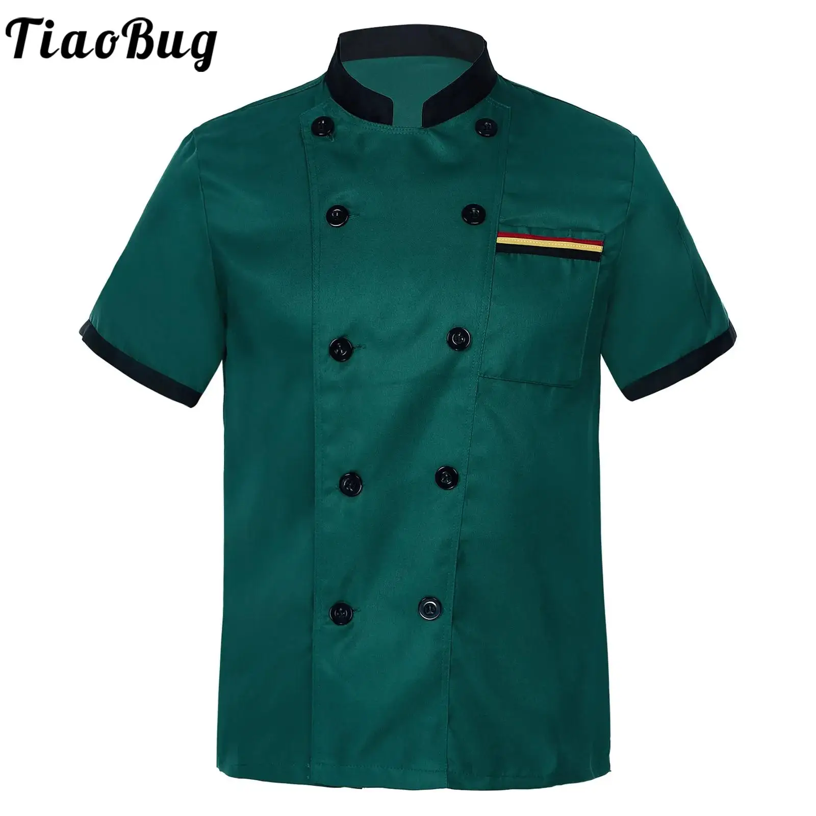 Unisex Men Women Short Sleeve Chef Cooking Coat Contrast Color Stand Collar Shirt Uniform Food Service Kitchen Costume Tops