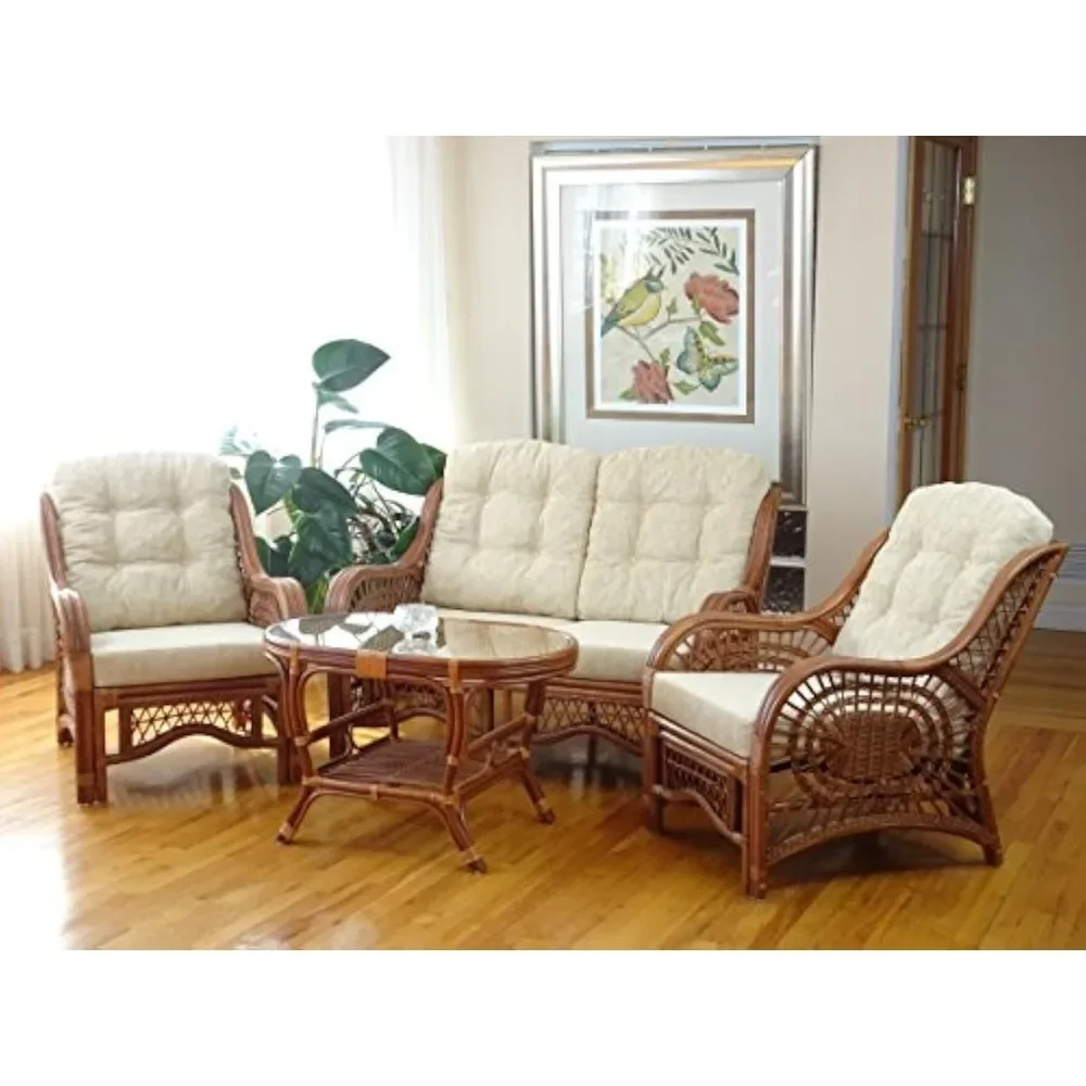 Lounge Set of 4: 2 Natural Rattan Wicker Chairs, Loveseat with Cream Cushions and Coffee Table w/Glass Handmade, Colonial