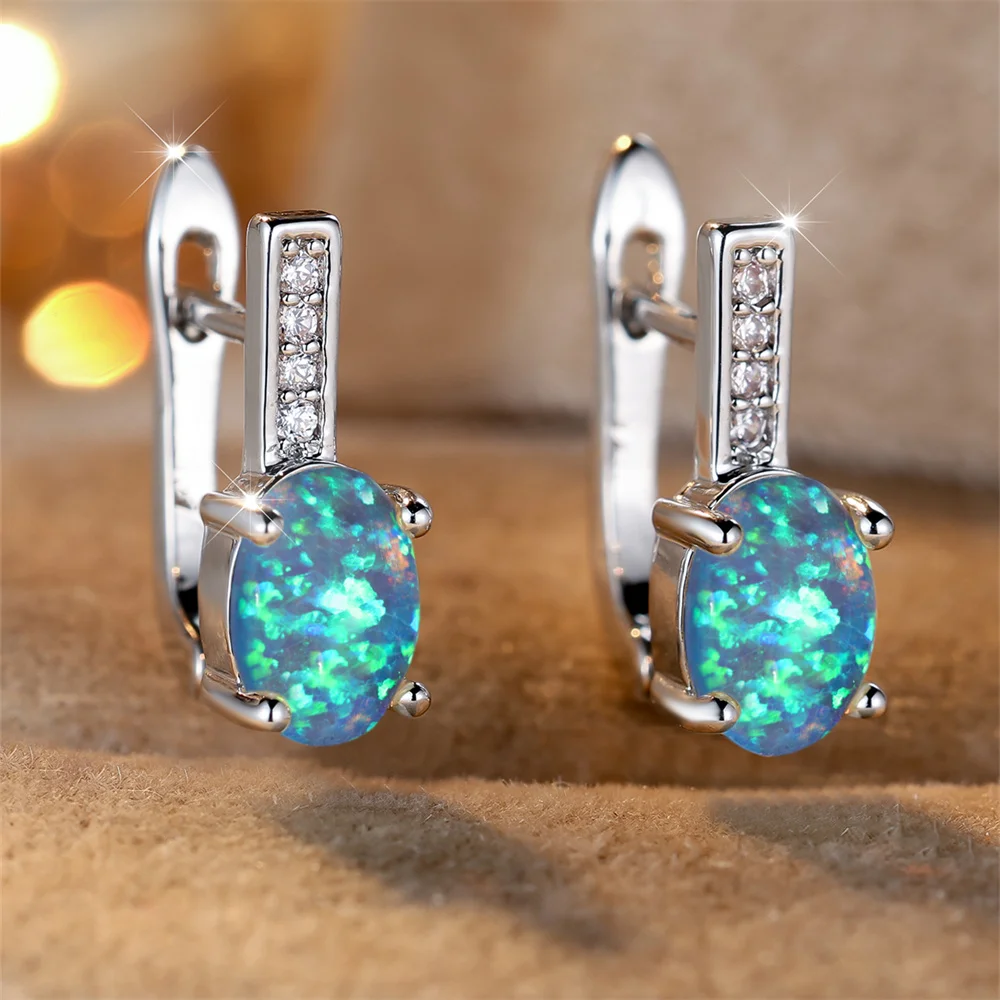High Quality White Blue Green Purple Opal Oval Stone Hoop Earrings For Women Vintage Fashion Silver Color Wedding Jewelry