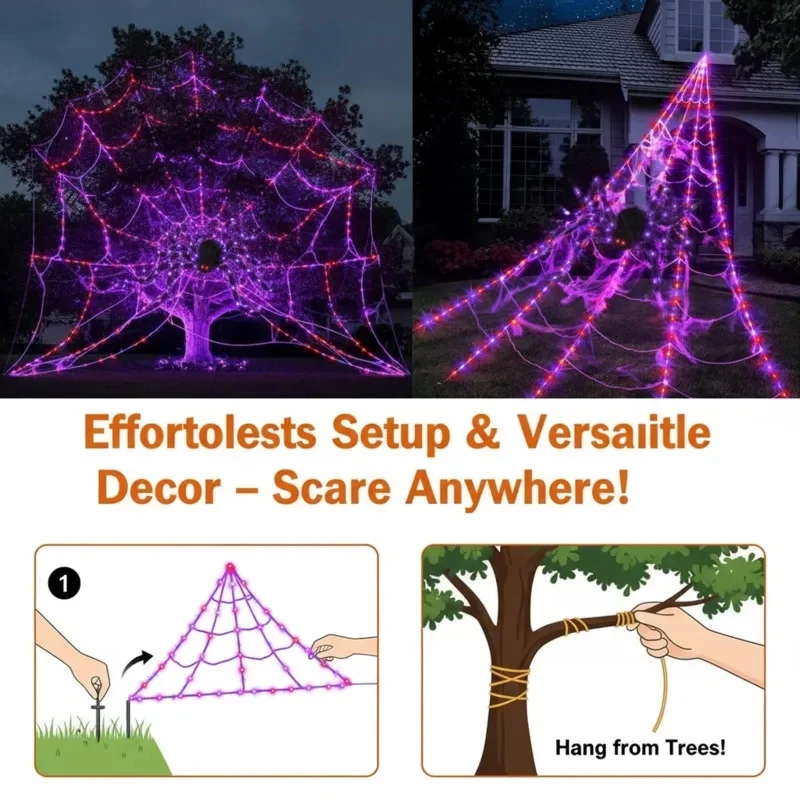 

Spider Web Halloween Glowing Triangular Web With Lights Fan Shaped Web Bar Haunted House Courtyard Scene Decora Props Gifts New