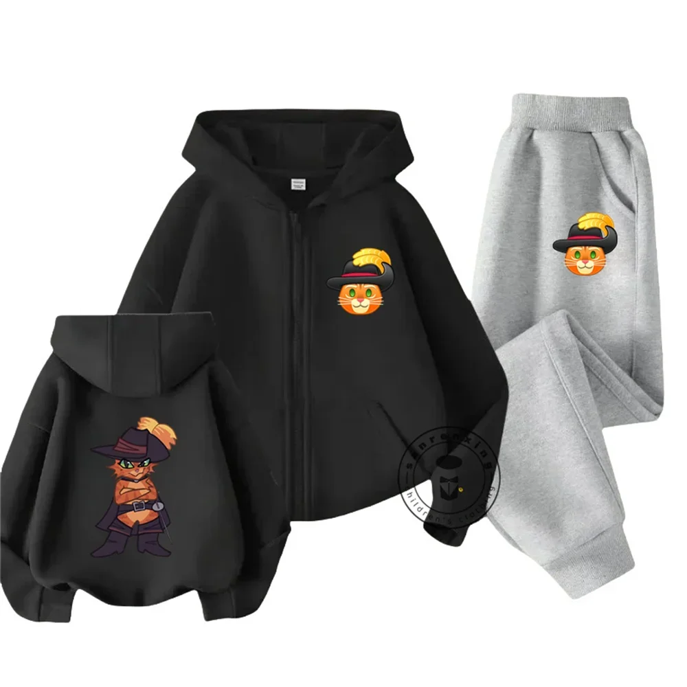 Puss in Boots Children Zipper Hoodie Set Disney Cartoon Print Autumn and Winter Long-sleeved Sweatshirt Boys and Girl