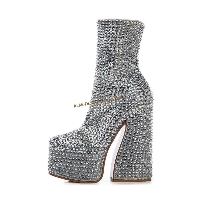 ALMUDENA Silver Multi-Crystal Ankle Boots Strange Chunky Heel Bling Bling Rhinestone Booties Sky High Platform Glitter Shoes