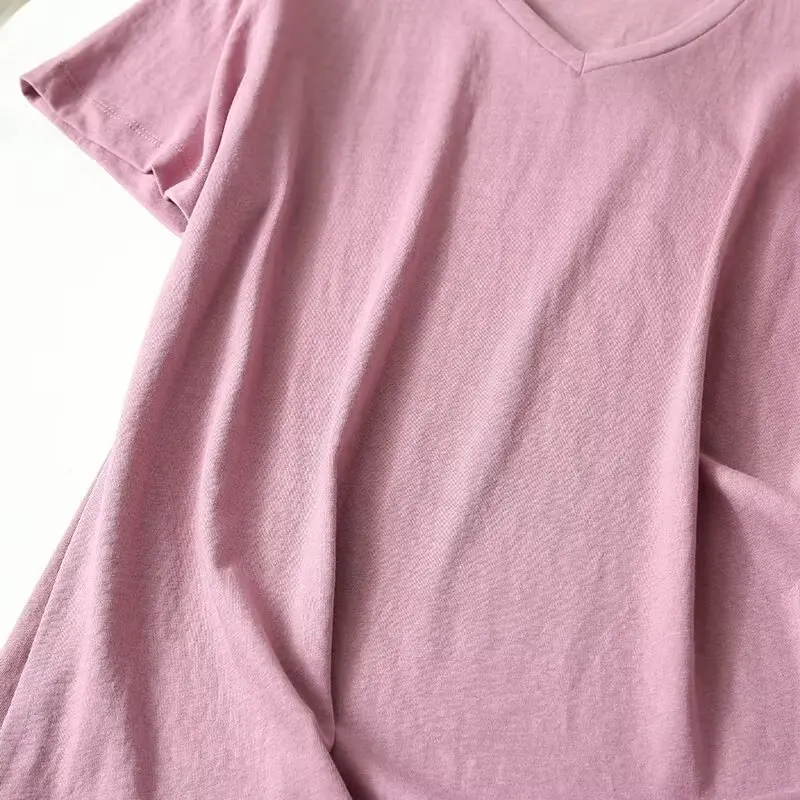 Jenny&Dave Fashion Ladies Nordic Minimalist Summer T-shirt For Women Tops Multicolor Solid Basic Cotton Blend V-neck T-shirt