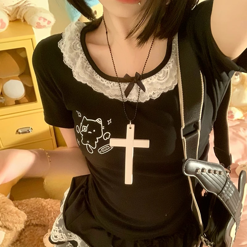 Japanese Kawii CuteT-shirts  Short Sleevedr Women Casual Cat Cartoon Print Summer Sweet Style Lace Edges Subculture Y2K Harajuku