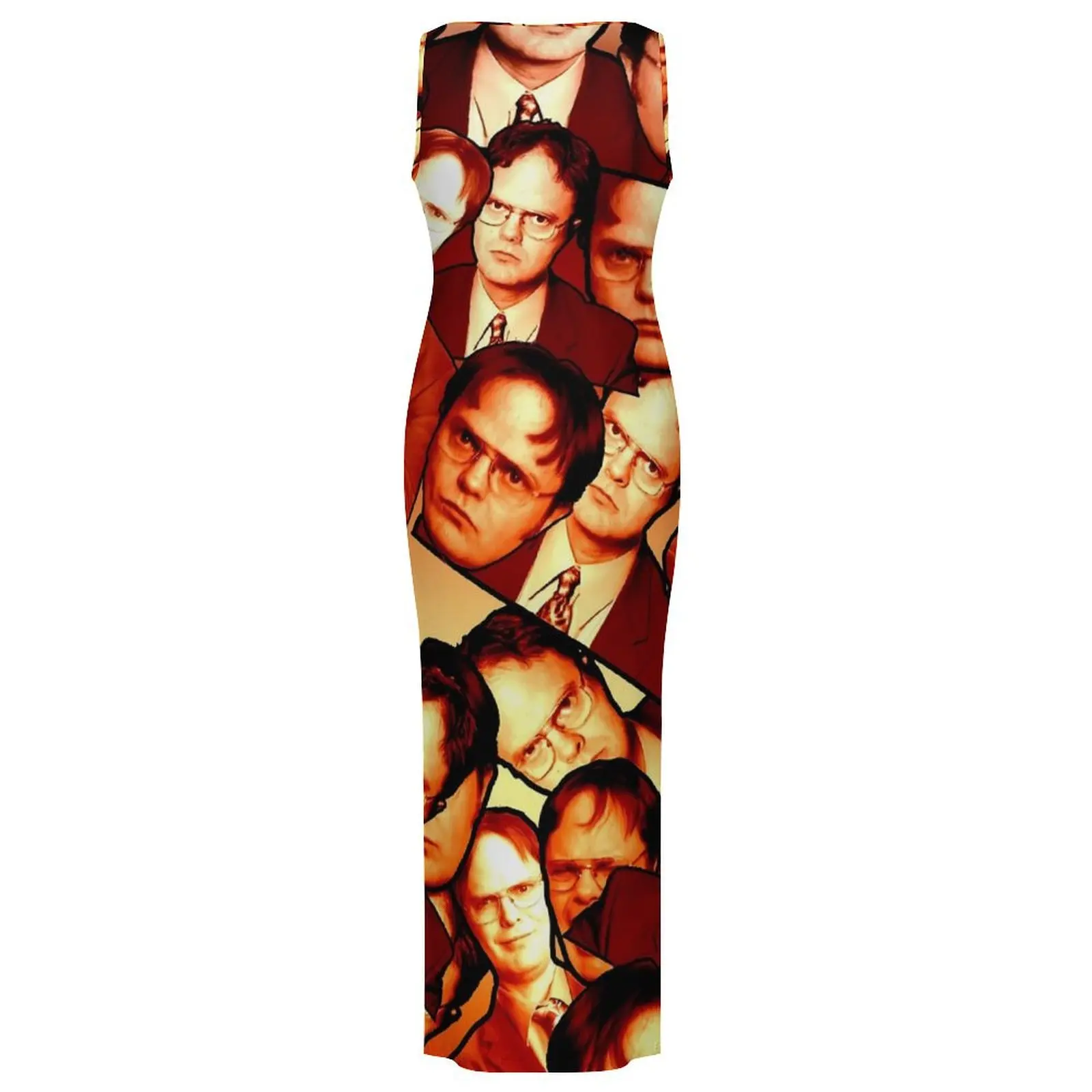 หญิงชุดเข้ารูปอินเทรนด์ Dwight Schrute พิมพ์ชุด Maxi ฤดูใบไม้ผลิสํานักงานแขนกุด Street สไตล์การออกแบบชุดขนาดใหญ่