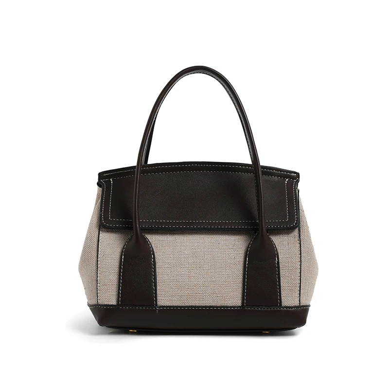 2026 New Women Beige Linen Handbag Canvas Patchwork European American Color‑Blocking Commuter Shoulder Crossbody Bag