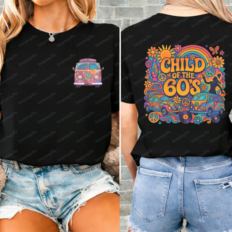 Distinctive 60s Retro Cotton Tee Artistic Peace Sign Flower Power Graphic Tops Summer Trend Vintage Classic Clothes for Women